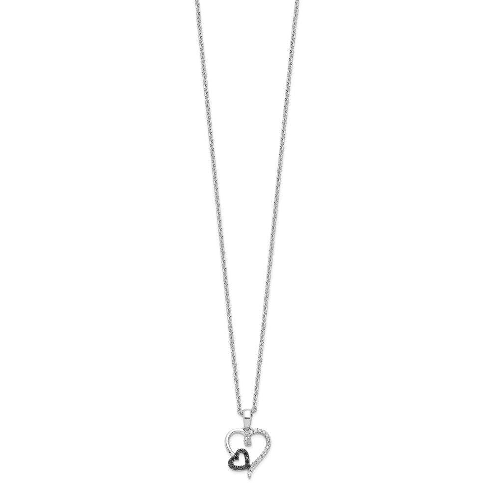 White Night Sterling Silver Rhodium-plated Black and White Diamond Double Heart 18 Inch Necklace with 2 Inch Extender 18 Inches