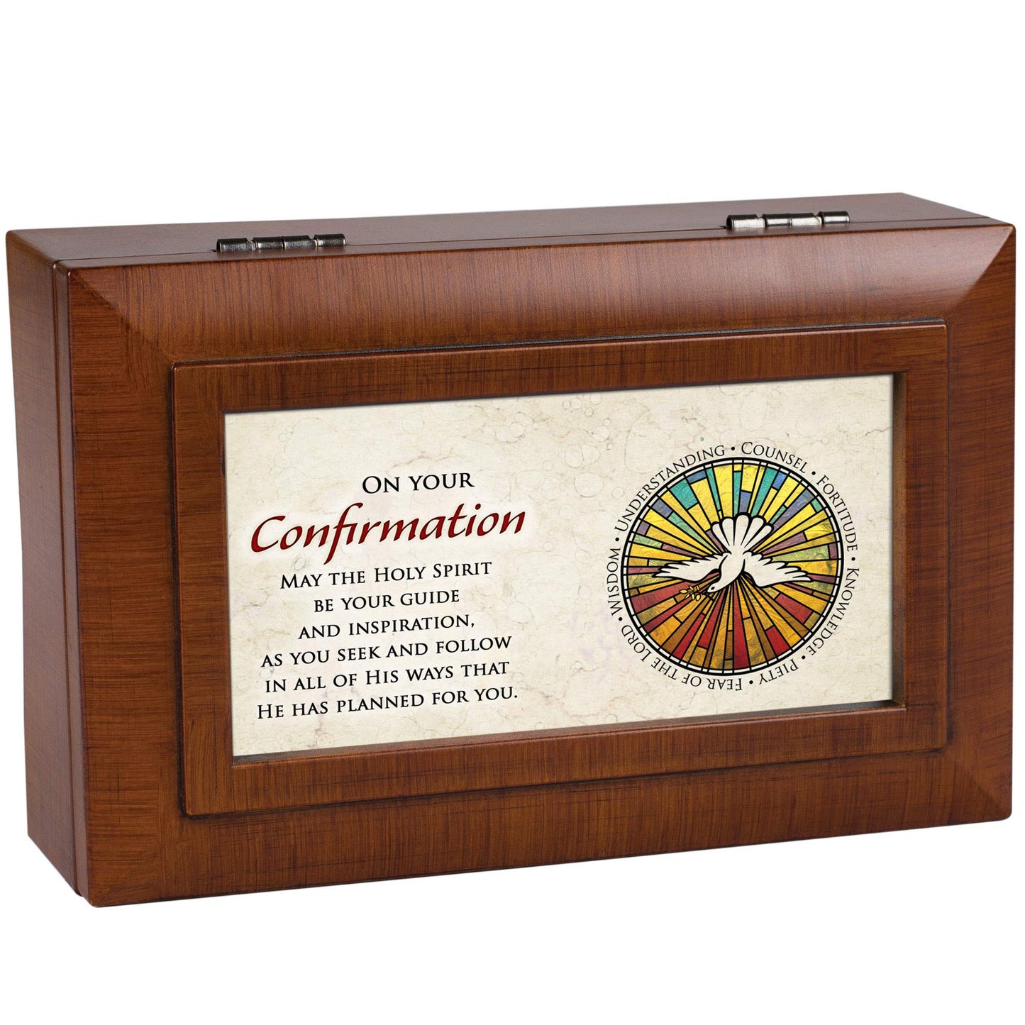 Confirmation Holy Spirit Woodgrain Petite Traditional Music Box Plays How Great Thou Art