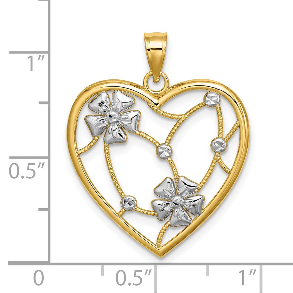 14k w/ Rhodium Flowers In Heart Charm