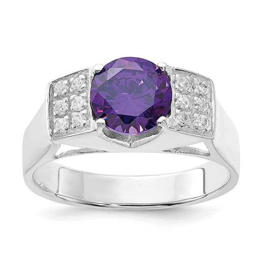 Sterling Silver Purple Round w/Pavâ Sides CZ Ring