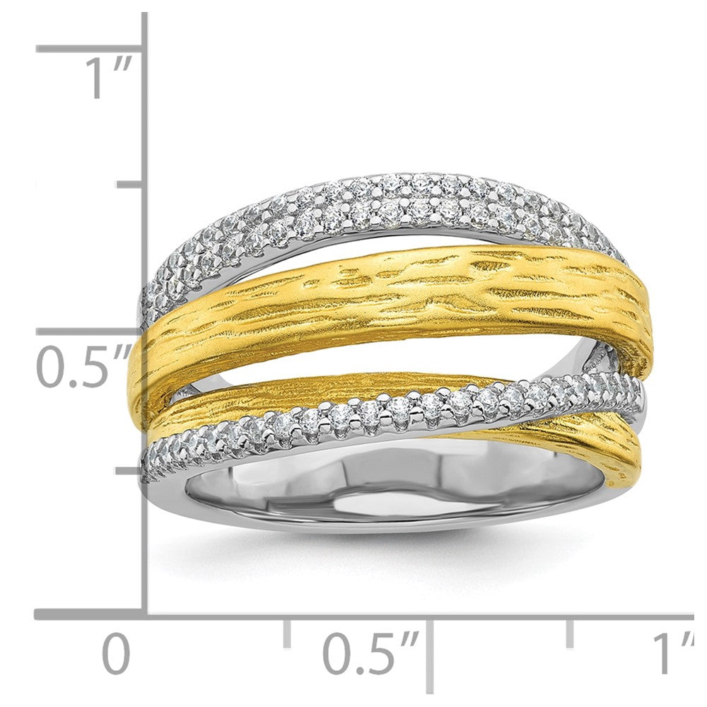 Sterling Silver Rhodium-plated and Gold-tone CZ Textured Brushed 4-Row Size 8 Ring