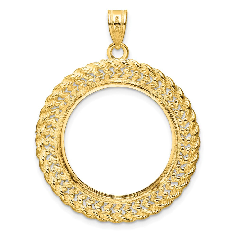 Wideband Distinguished Coin Jewelry 14k Polished and Diamond-cut Heart and Rope 22.0mm Prong Coin Bezel Pendant