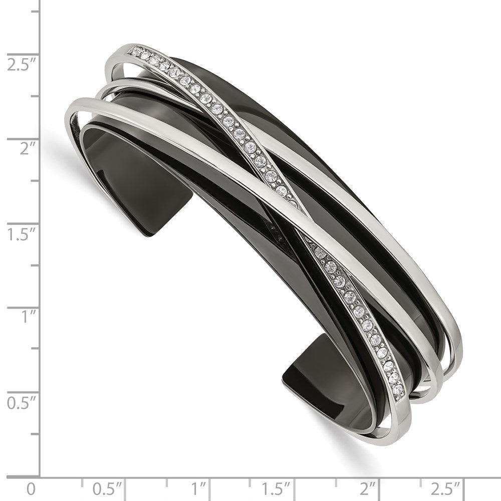 Stainless Steel Polished Black IP-plated w/Swarovski Layered Cuff Bangle 6.5 inches