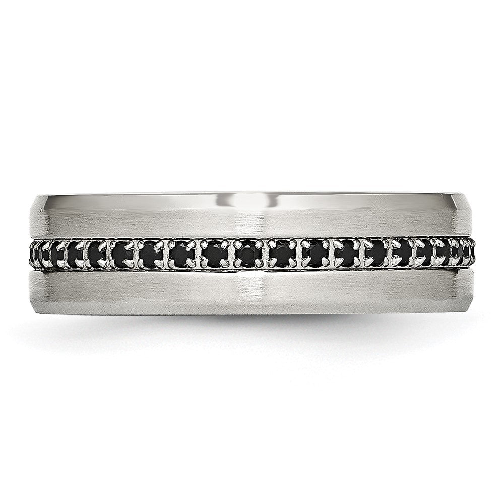 Stainless Steel Brushed and Polished Black CZ 6.5mm Band Size - 9