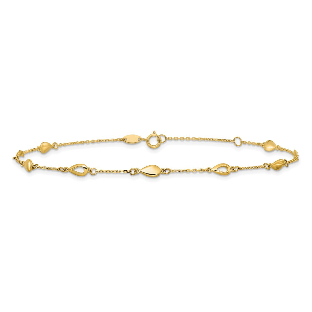 14K Polished Teardrop Station 9in Plus 1in ext. Anklet