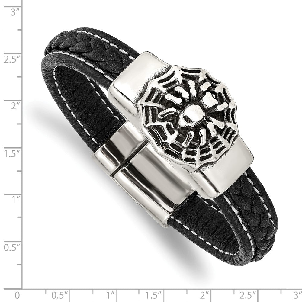 Stainless Steel Antiqued & Polished Spider Blk Faux Leather 8.5in Bracelet 8.5 inches