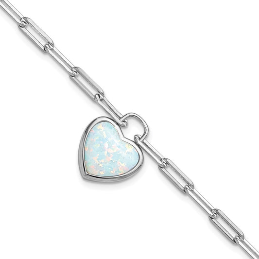 Cheryl M Sterling Silver Rhodium-plated Polished Created Opal Heart Paperclip Link with 1 Inch Extension Bracelet 8 inches