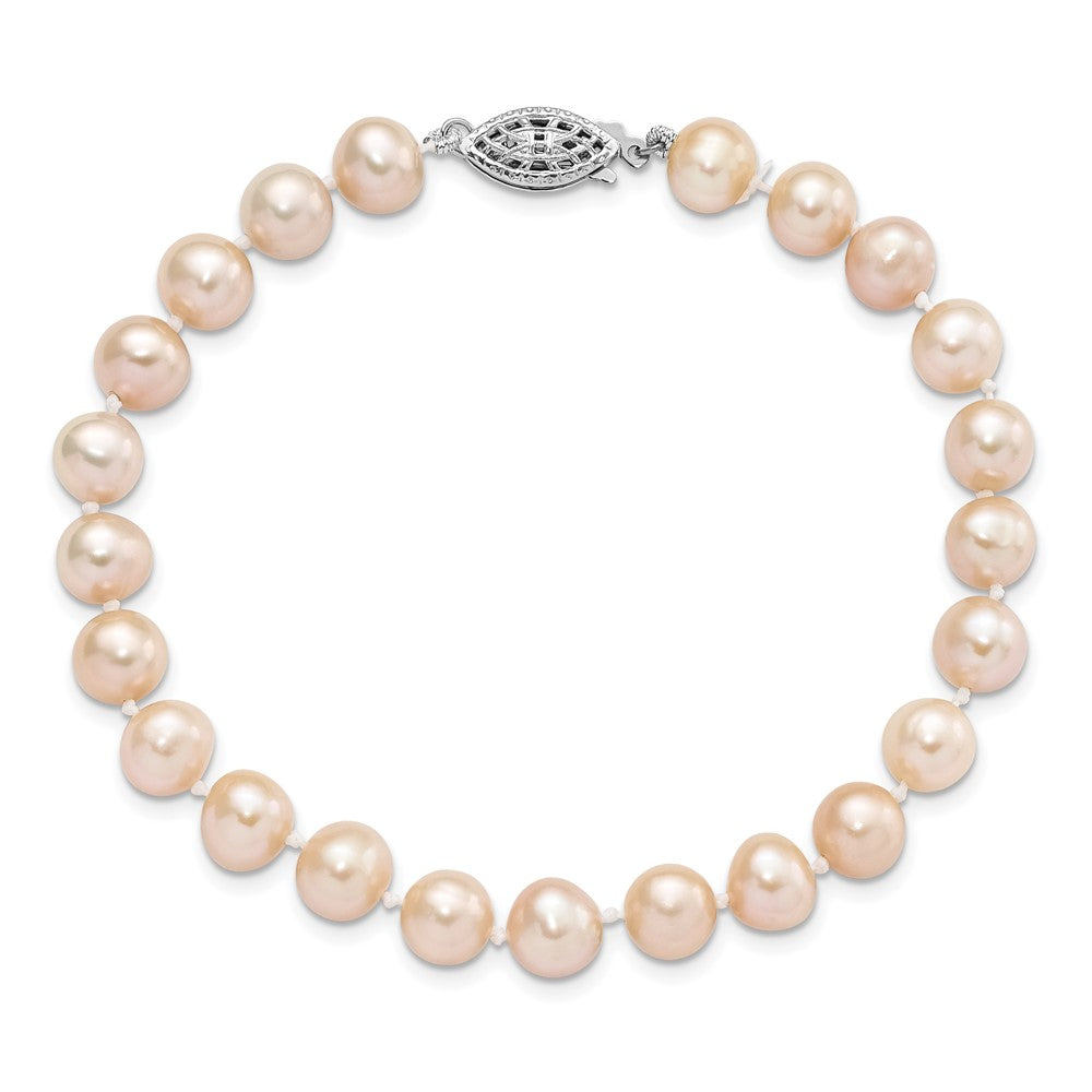 Sterling Silver Rhodium-plated 7-8mm Pink Near-Round Freshwater Cultured Pearl 7.25 inch Bracelet 7.25 inches
