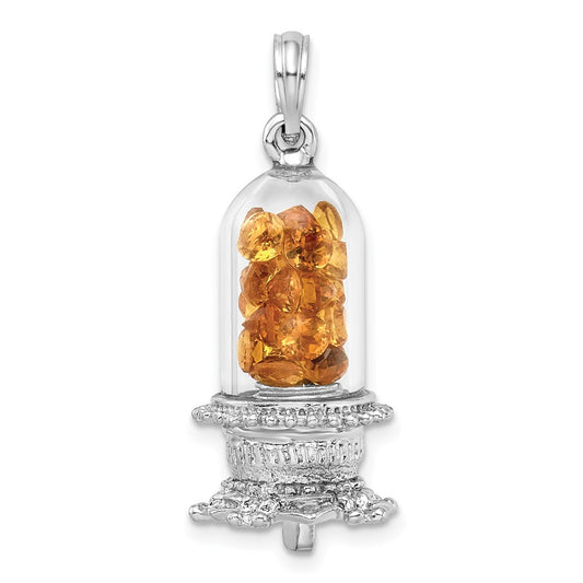 Sterling Silver Polished 3D Glass Dome w/Golden Crystals Pendant