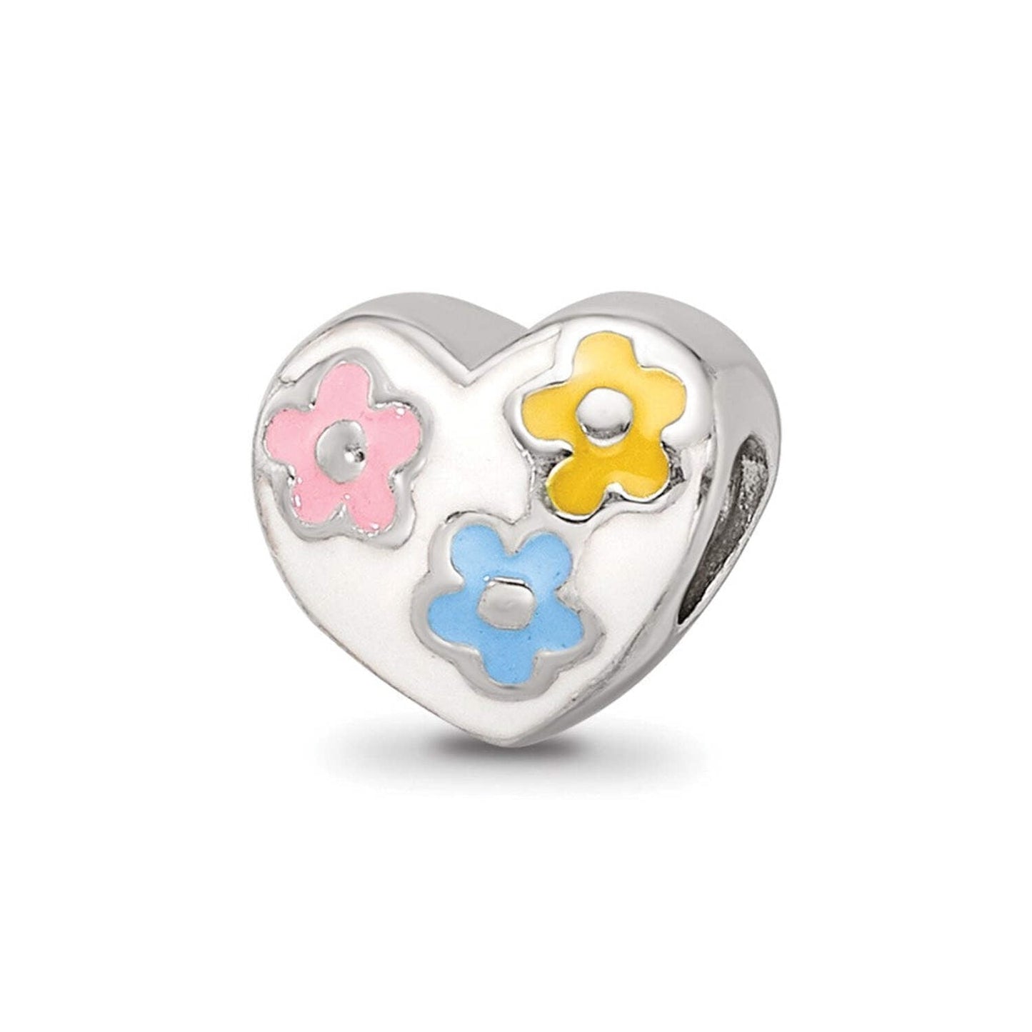 925 Sterling Silver Polished Pink Enamel Yellow-enamel Artisan Oxidized Reflections Teen Enameled Love Heart With Flower