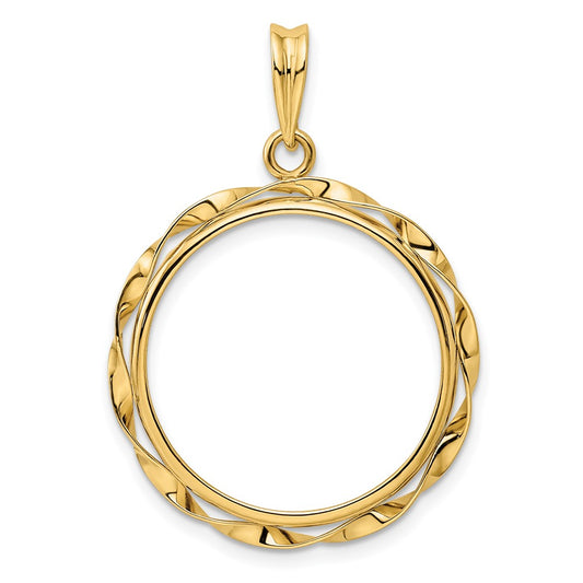 Wideband Distinguished Coin Jewelry 14k Polished Hand Twisted Ribbon 21.6mm Prong Coin Bezel Pendant