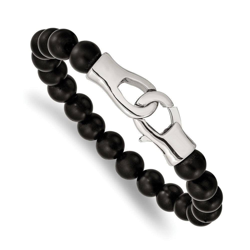 Stainless Steel Polished Black Agate Beaded 9in Bracelet 9 inches
