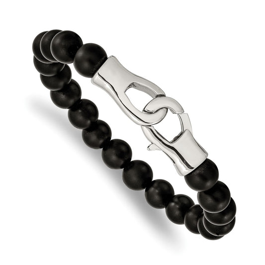 Stainless Steel Polished Black Agate Beaded 9in Bracelet 9 inches