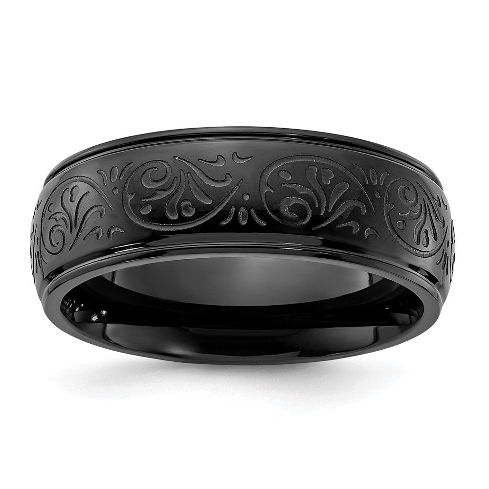 Stainless Steel Polished Black IP Etched Design Ridged Edge 7.5mm Band Size - 12.5
