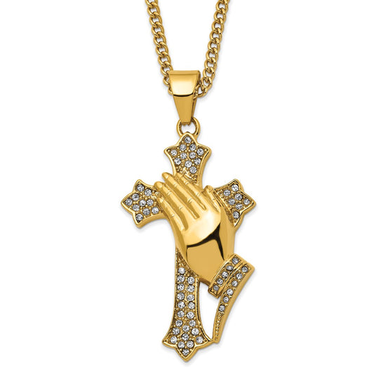 Stainless Steel Polished Yellow IP w/Crystal Prayer Hands Cross 24in Neckl