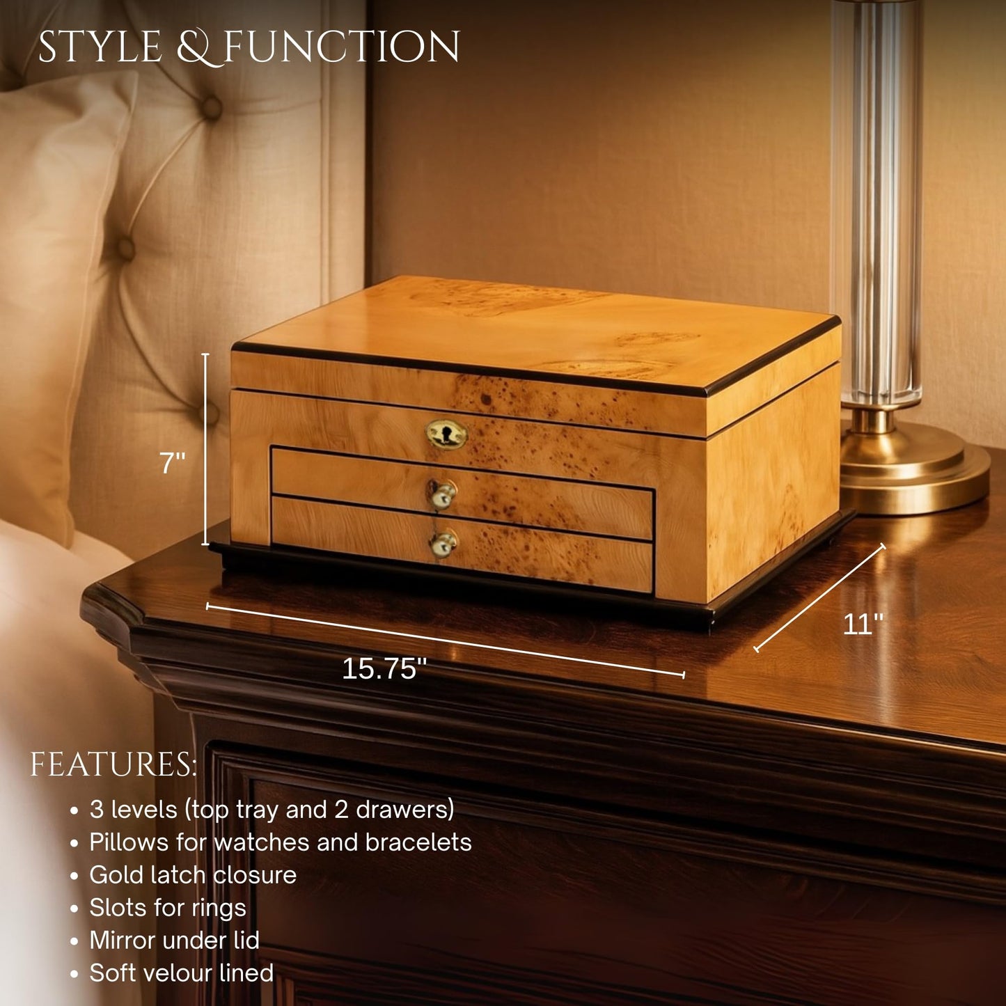 Birdseye Maple Lacquered Wood 3 Level Jewelry Box