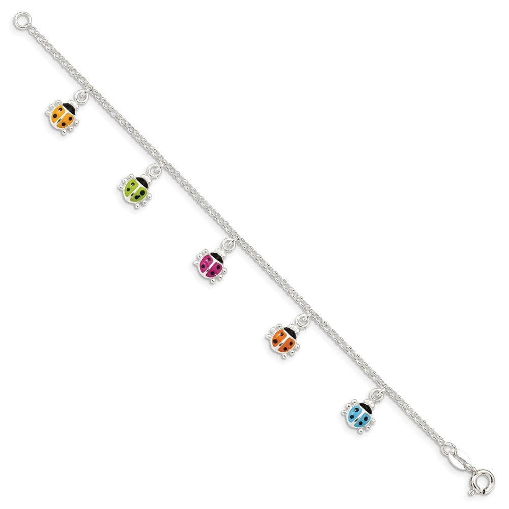 Sterling Silver Polished Multi-color Enameled Ladybugs Children's Bracelet 6 inches