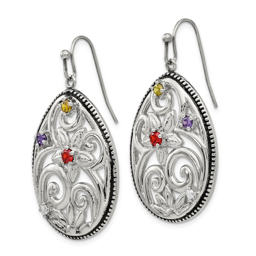Stainless Steel Antiqued and Polished  w/Multicolor CZ Dangle Earrings