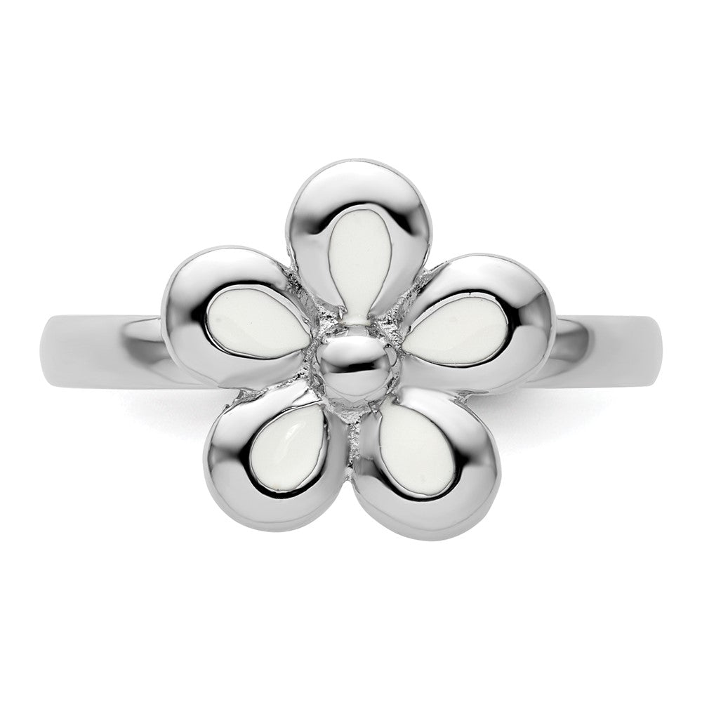 Sterling Silver Stackable Expressions Polished White Enameled Flower Ring Size -10