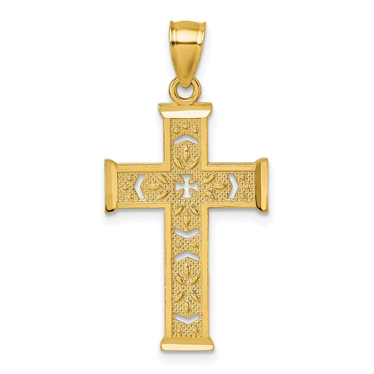 14k Polished Diamond-cut Textured Fancy Pierced Design Cross Pendant
