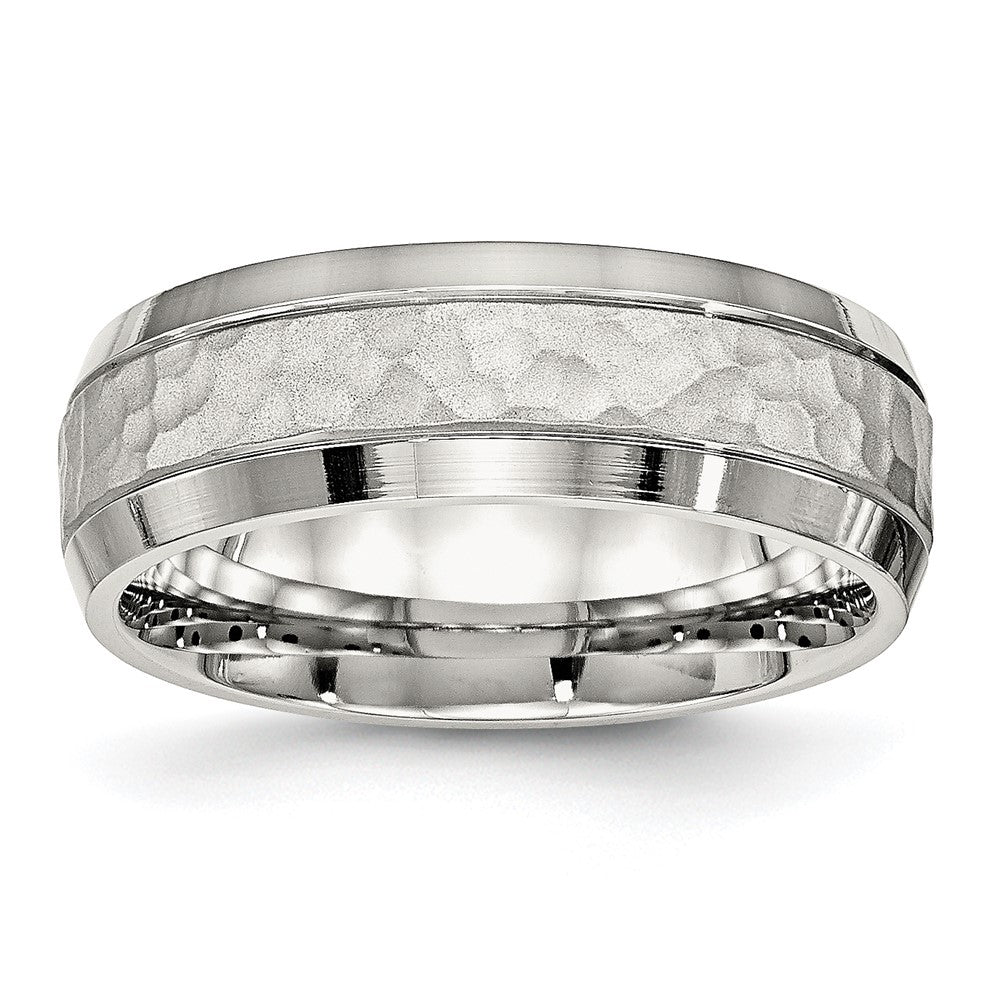 Stainless Steel Brushed Polished and Hammered 7.5mm Band Size - 8.5