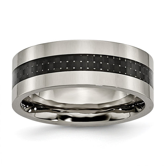 Titanium Polished w/Black Carbon Fiber Inlay Flat 8mm Band Size - 7.5