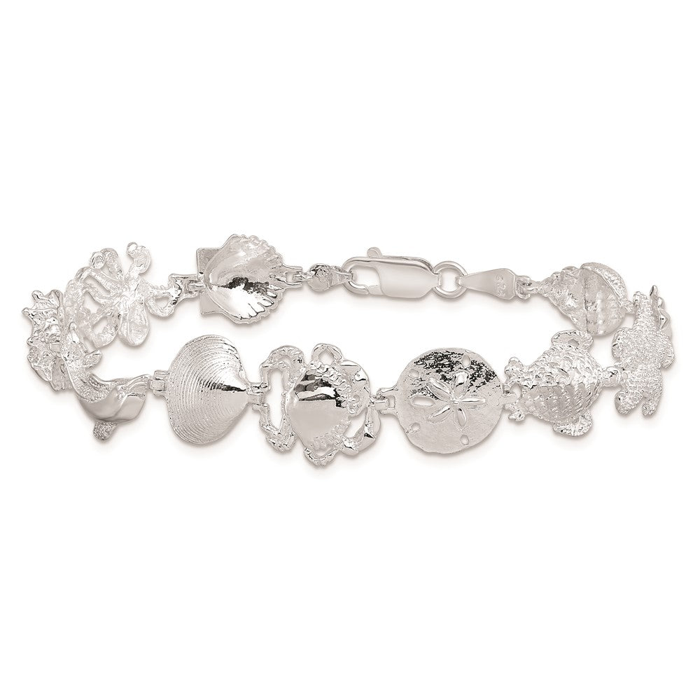 De-Ani Sterling Silver Rhodium-plated Polished Multi-Shell and Sealife Bracelet 7.25 inches