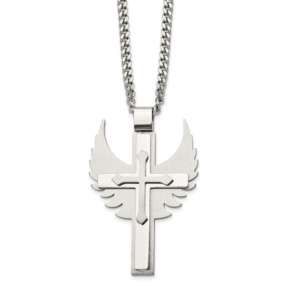 Stainless Steel Brushed and Polished Cross with Wings 20in Necklace