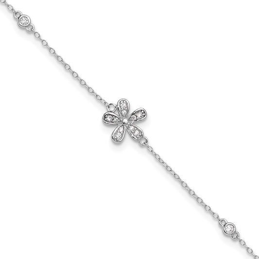 Cheryl M Sterling Silver Rhodium-plated Brilliant-cut CZ Flower 9 Inch Anklet with 1 Inch Extender 9 inches