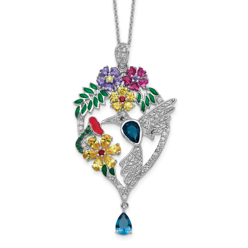 Cheryl M Sterling Silver Rhodium-plated Enameled Multicolor Brilliant-cut Glass and CZ Floral Hummingbird 18 Inch Necklace 18 Inches