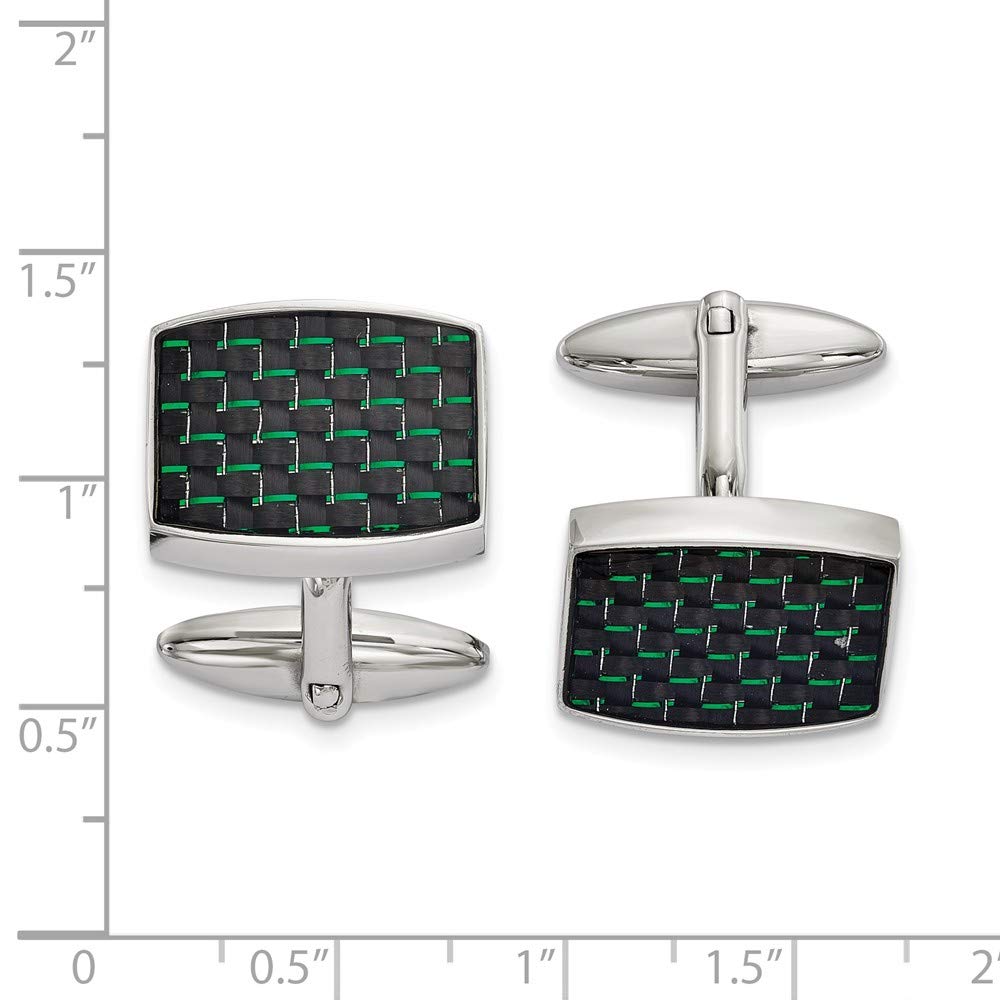 Stainless Steel Polished Black and Green Carbon Fiber Inlay Cuff Links
