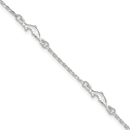 Sterling Silver Polished Dolphin 10in Plus 1in Ext. Anklet