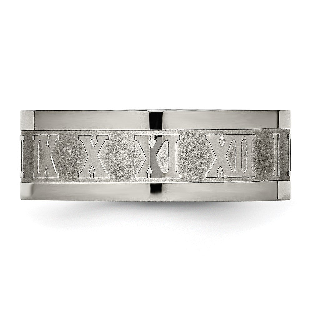 Titanium Satin Center 8mm Roman Numerals Flat Band Size - 10.5