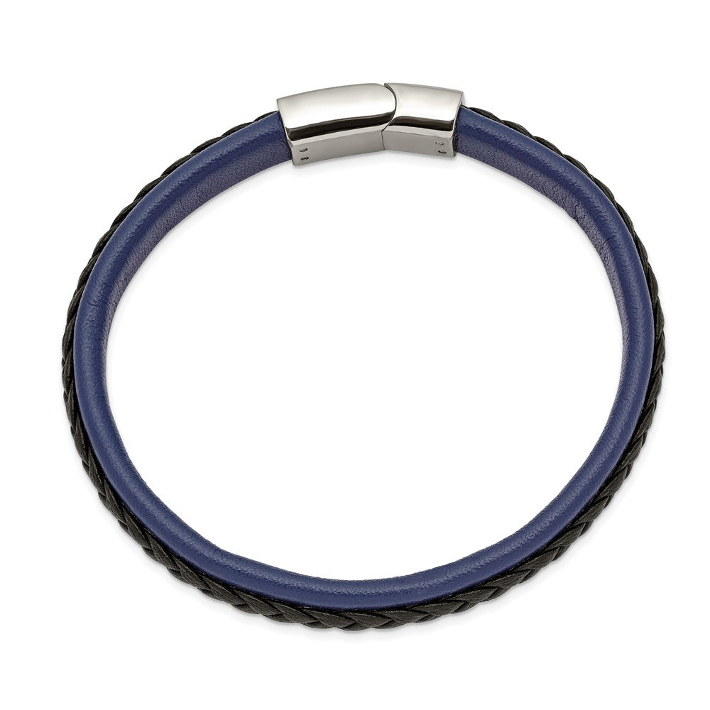 Stainless Steel Polished Blue and Black Faux Leather 8.25in Bracelet 8.25 inches