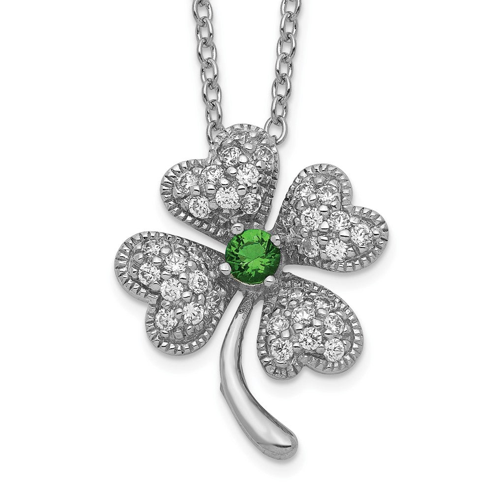 Cheryl M Sterling Silver Rhodium-plated Brilliant-cut Green Glass and Brilliant-cut White CZ Four Leaf Clover 18 Inch Necklace 18 Inches