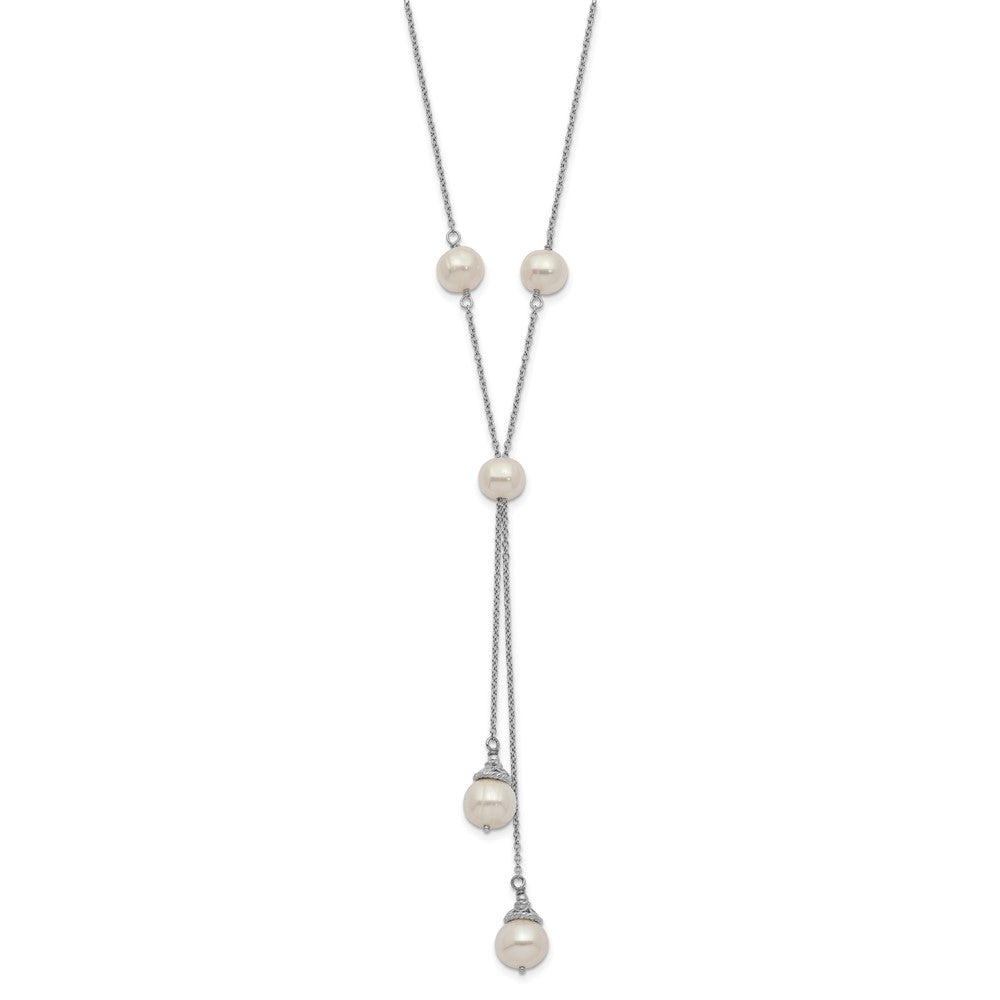 Sterling Silver Rhodium-plated 6-9mm White Teardrop and Semi-Round Freshwater Cultured Pearl 9-Station 2 drop 16 inch with 2 inch Extension Necklace 16 Inches
