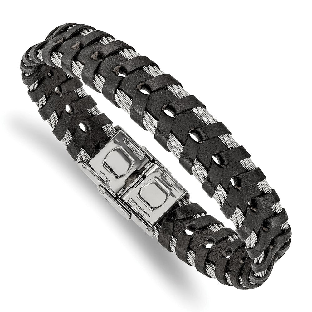 Stainless Steel Polished Cable and Braided Black Leather 8.25in Bracelet 8.25 inches
