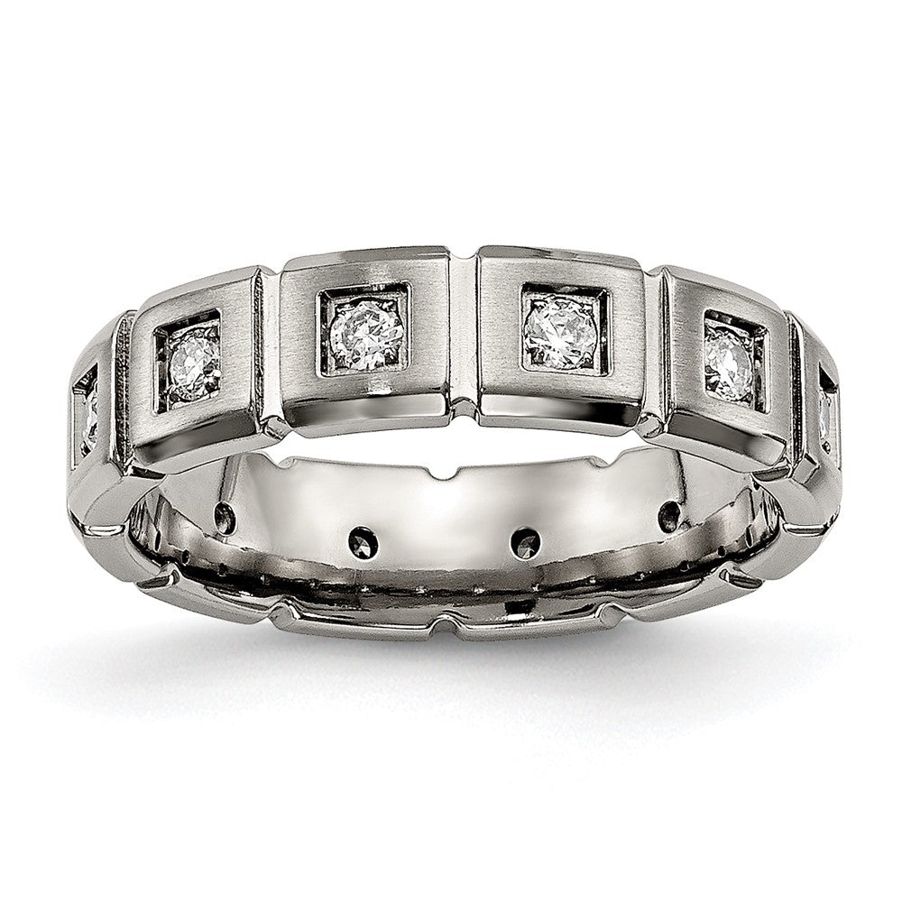 Titanium Brushed and Polished with CZ 5mm Grooved Band Size - 9.5