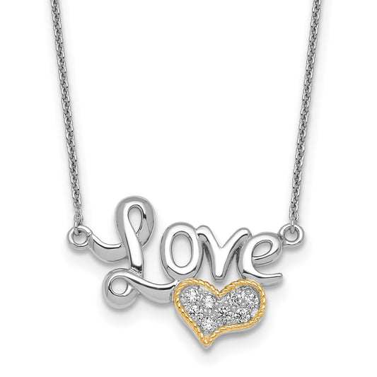 Sterling Silver Rhodium-plated with 14k Accent Polished CZ Love with Heart 16 inch with 2 inch Extension Necklace 16 Inches
