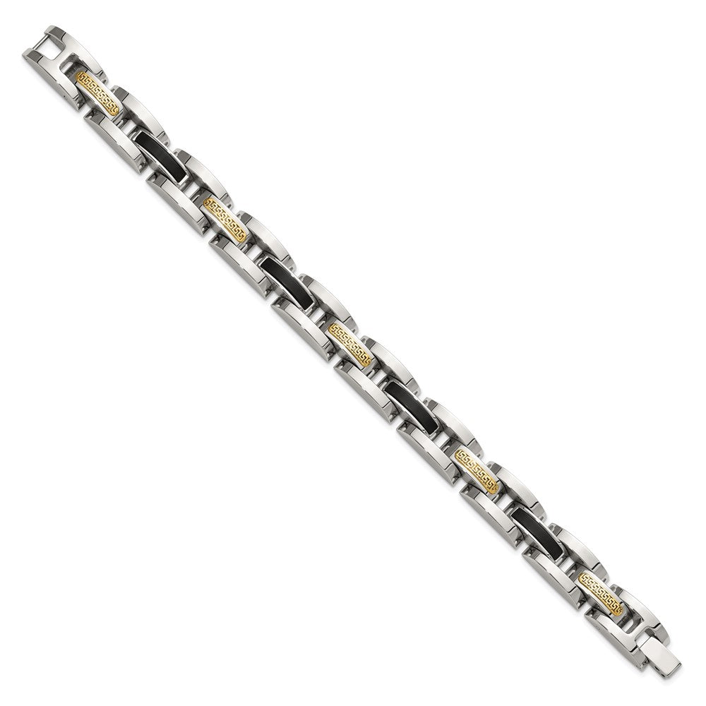 Chisel Stainless Steel Polished with 14K Gold Accent and Onyx 8.25 inch Link Bracelet 8.25 inches