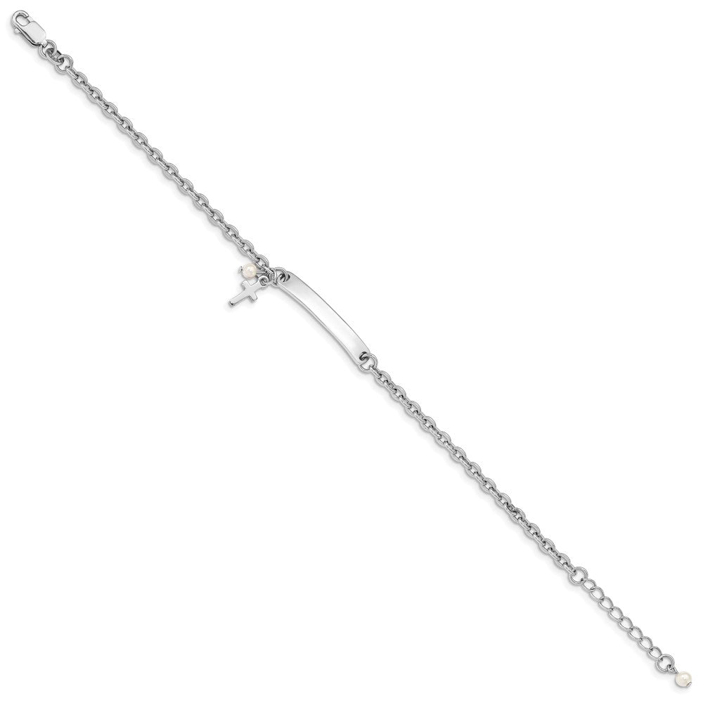 Sterling Silver RH-plated Cross Syn Pearl 6in Plus1in Ext. ID Bracelet 6 inches