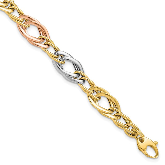 14K Tri-Color Polished Link Bracelet 7.5  inches