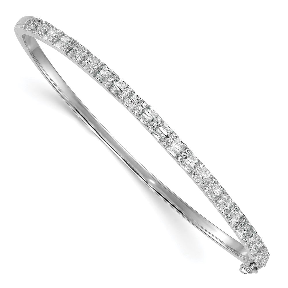 Sterling Silver Rhodium-plated Polished Round and Emerald-shape CZ Fancy Hinged Bangle