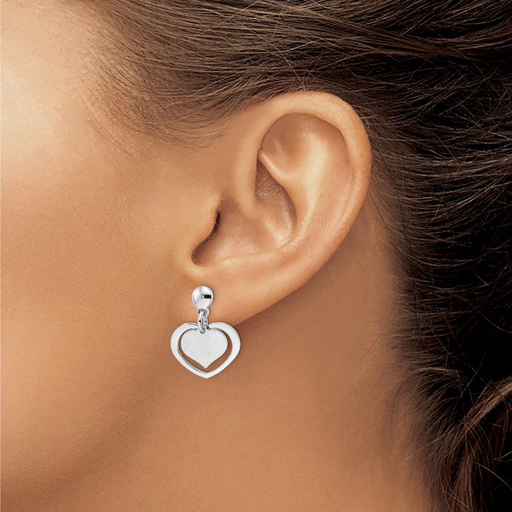 Sterling Silver Rhodium-plated Satin Heart in Heart Dangle Post Earrings