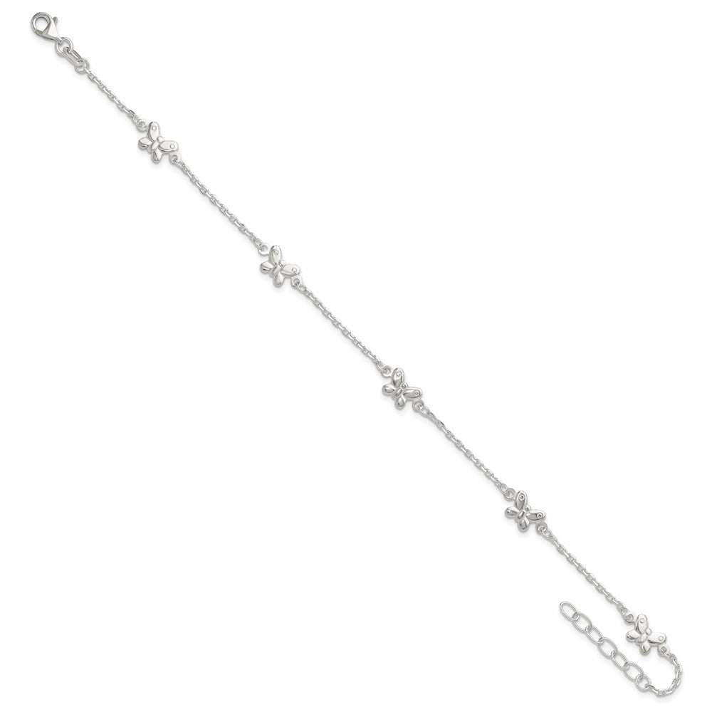 Sterling Silver Polished Butterfly 9in Plus 1in Ext Anklet 9 inches