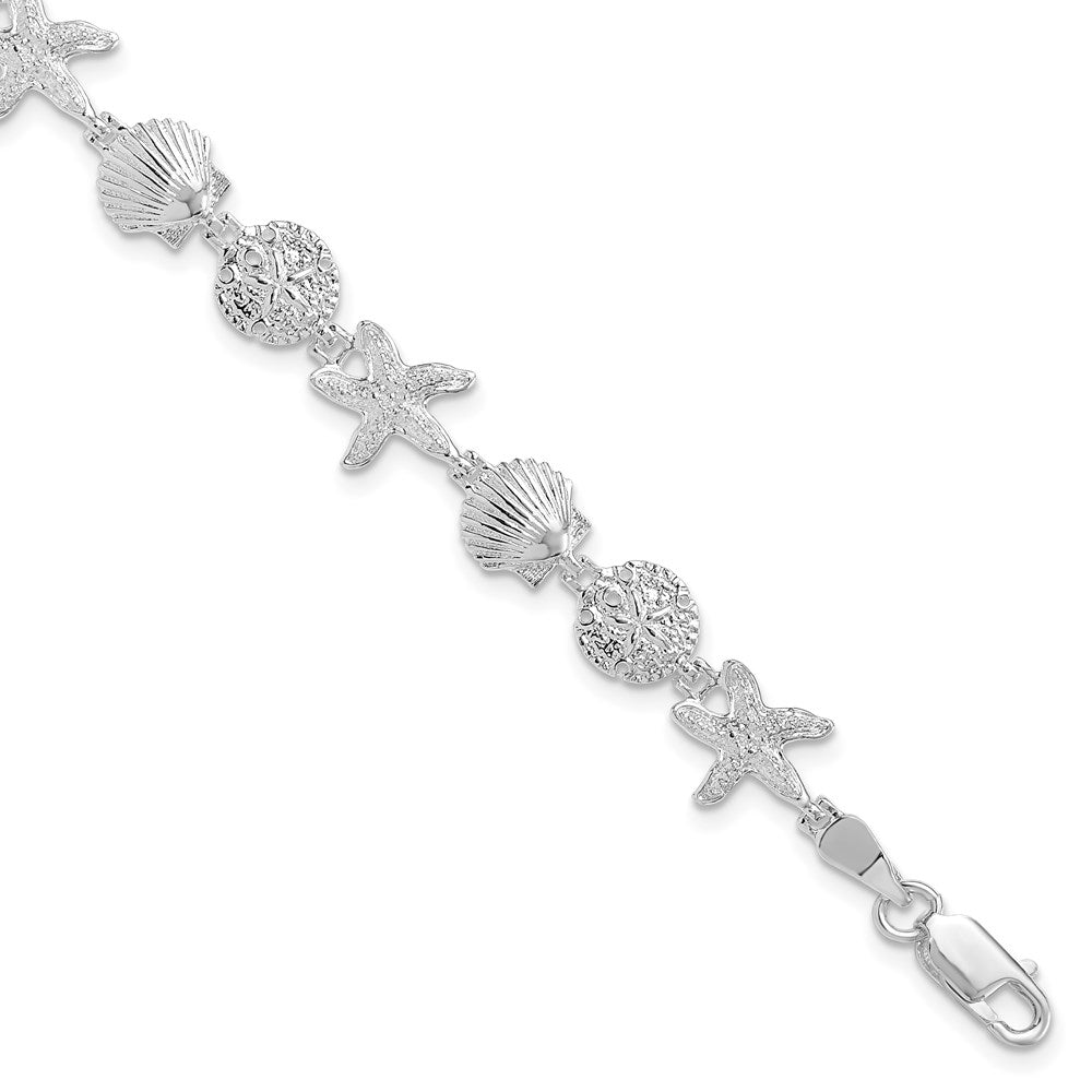 De-Ani Sterling Silver Rhodium-Plated Polished Sand Dollar / Shell / Starfish Bracelet 7.25 inches