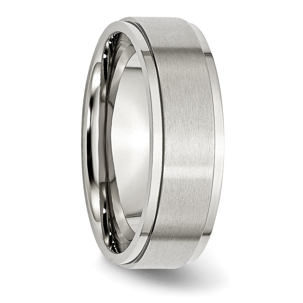Stainless Steel Polished w/Brushed Center 7mm Ridged Edge Band Size - 9.5