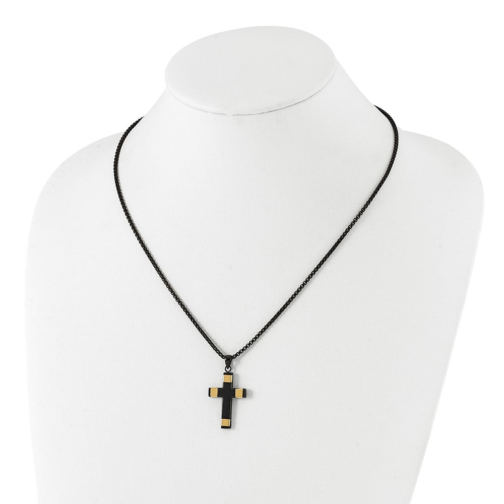 Stainless Steel Polished Black and Yellow IP Cross 19.75in Necklace