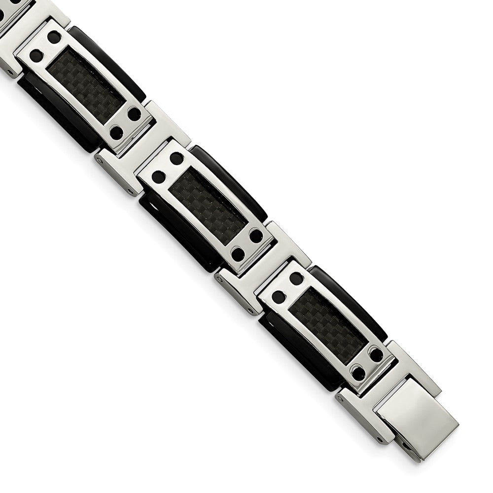 Stainless Steel Polished Black IP-plated w/Carbon Fiber Inlay 8.5in Bracele 8.5 inches