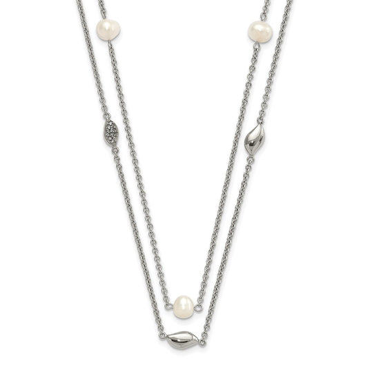 Stainless Steel Polished 2 Strand Freshwater Cultured Pearls & CZ w/ 2in ext. Necklace